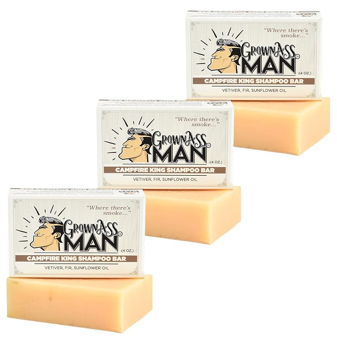 Solid Shampoo Bar Rich Lather 3 in 1: Hair, Beard & Body Wash - Plastic Free & Eco-Friendly, Natural & Organic Clean for All Hair Types, 4oz Bar (Campfire King, 3-Pack)