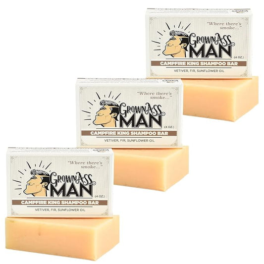 Solid Shampoo Bar Rich Lather 3 in 1: Hair, Beard & Body Wash - Plastic Free & Eco-Friendly, Natural & Organic Clean for All Hair Types, 4oz Bar (Campfire King, 3-Pack)