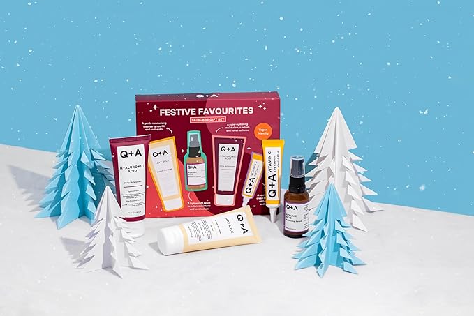 Q+A Festive Favourites Gift Set, containing a Hyaluronic Acid Moisturiser (75ml), an Oat Milk Cream Cleanser (75ml), an Azelaic Acid Serum (30ml), and a Caffeine Eye Serum (15ml)