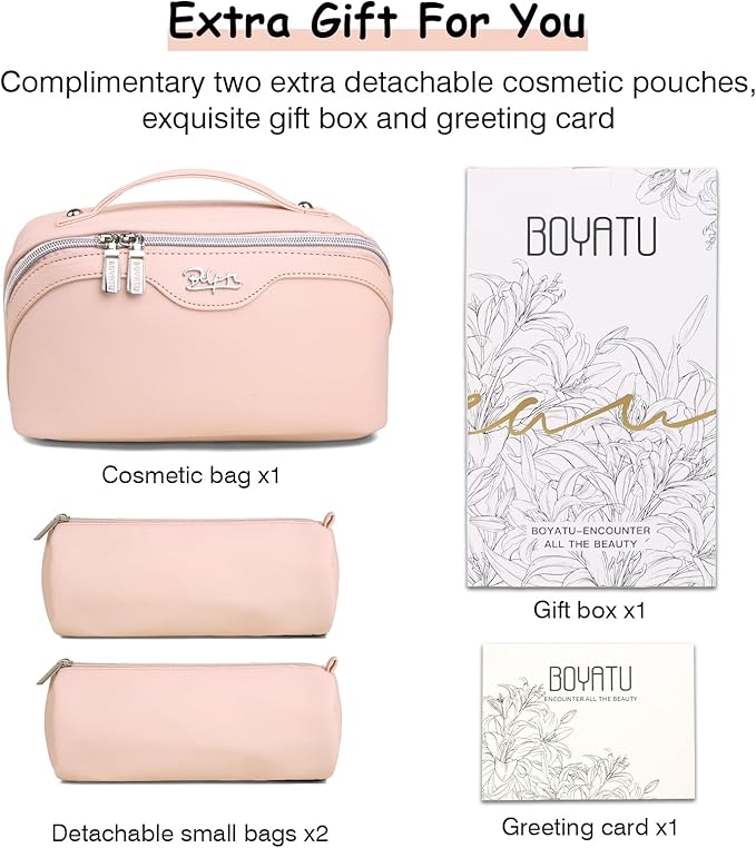 BOYATU Travel Makeup Bags for Women: Vegan Leather Cosmetic Bag Set of 3 - Large Capacity Make up Bag with Divider - Wide Open Waterproof Toiletry Organizer Bag with Handle (05-Pink)