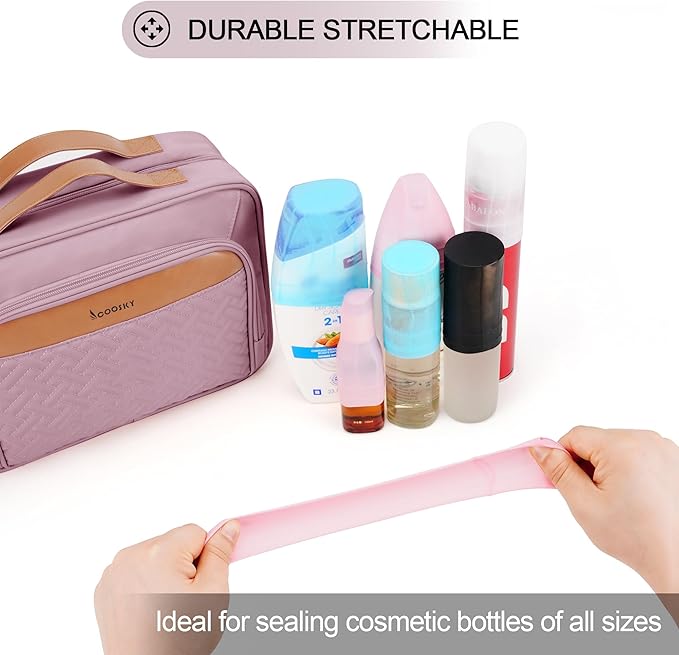 Travel Hanging Toiletry Bag for Women, Large Makeup Bag 8 Leak Proofing Silicone Bottle Covers, Waterproof Cosmetic Bag with Jewelry Organizer Compartment, Toiletries Kit Set, Purple