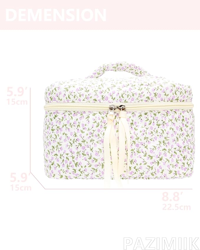 PAZIMIIK Quilted Makeup Bag Large Travel Zipper Soft Cosmetic Case for Women Girls Make Up,Floral Purple