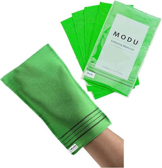 Modu Korean Exfoliating Mitts Large 5PCS (Green) – Exfoliating Gloves Body Scrubber Italy Towel Washcloth for Korean Spa at Home, Dead Skin Remover, 100% Vegan Viscose