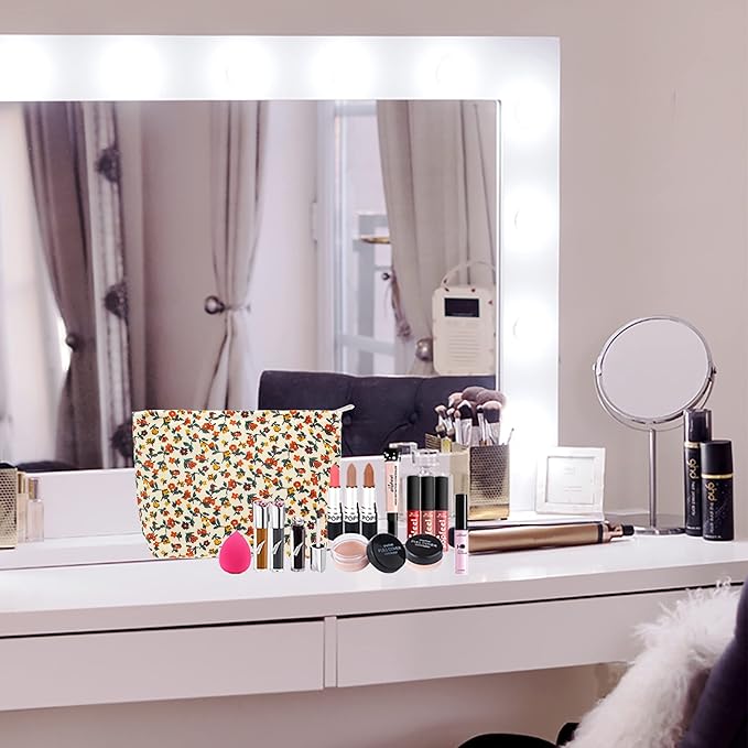 PAZIMIIK Makeup Bag Large Zipper Corduroy Make Up Pouch for Purse Travel Canvas Cosmetic Organizer for Women Brush Storage,Floral White