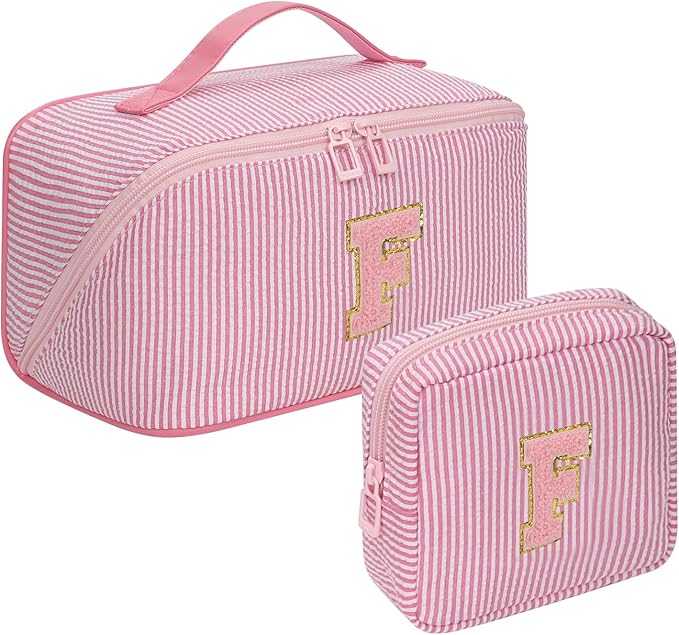 Travel Makeup Bag for Women, 2Pcs Portable Personalized Initial Makeup Organizer Bag, Open Flat Large Cosmetic Bag With Travel Essential Pouch (Pink Letter F)