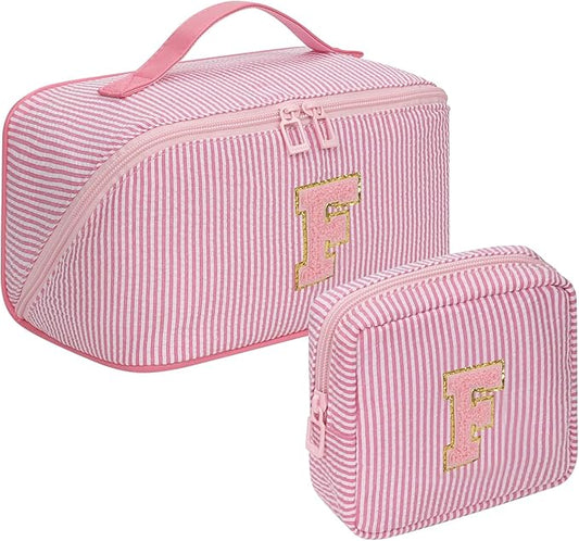Travel Makeup Bag for Women, 2Pcs Portable Personalized Initial Makeup Organizer Bag, Open Flat Large Cosmetic Bag With Travel Essential Pouch (Pink Letter F)