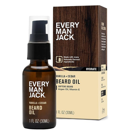 Every Man Jack Mens Beard Oil - Vanilla + Cedar Fragrance - Deeply Moisturizes and Softens Your Beard and Adds a Natural Shine - Naturally Derived with Shea Butter and Argan Oil - 1 fl oz