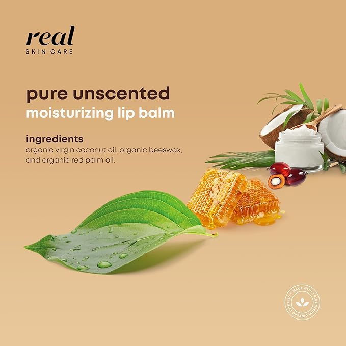 Organic Lip Balm With Coconut Oil | Handmade In the USA | Pure Unscented 4-Pack | Natural Lip Balm | Coconut Oil Lip Balm for Dry & Cracked Lips | Beeswax Lip Balm | 4 Lip Balm Pack