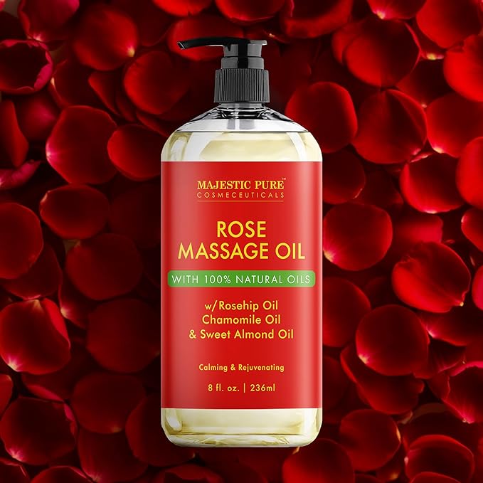 MAJESTIC PURE Rose Massage Oil for Massage Therapy - Refreshing, and Relaxing - Natural Oils - for All Skin Types - Men and Women - 8 fl oz