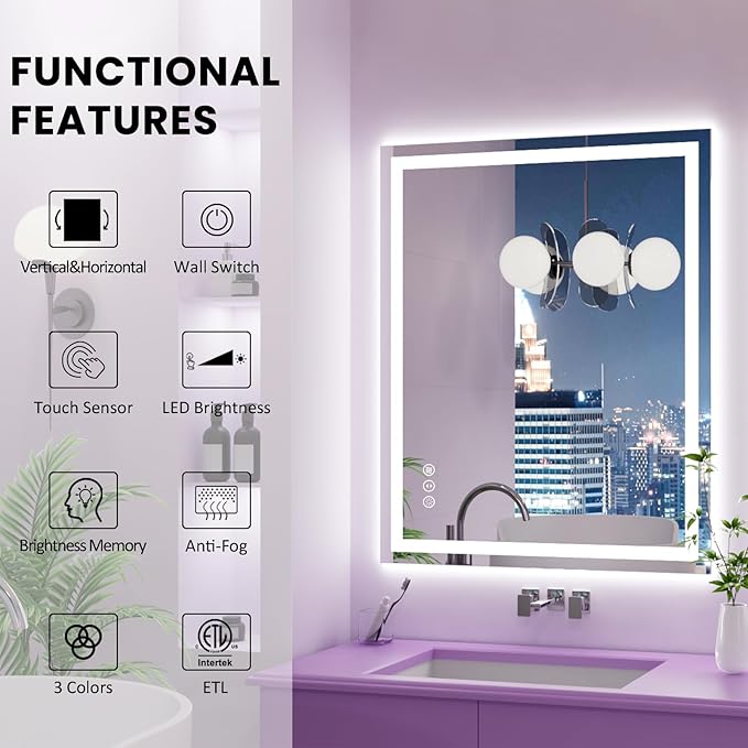 Amorho LED Mirror for Bathroom 28X36 Inch with Backlight and Front Lit, Fogless Mirror for Wall Mounted, Dimmable, 3 Colors, Memory