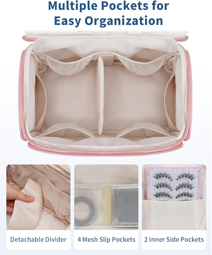 WANDF Travel Toiletry Bag for Women, Wide-open Large Makeup Bag with Handle, Puffy Makeup Organizer for Toiletries, Cosmetics, Accessories, Essentials (Dusty Pink)