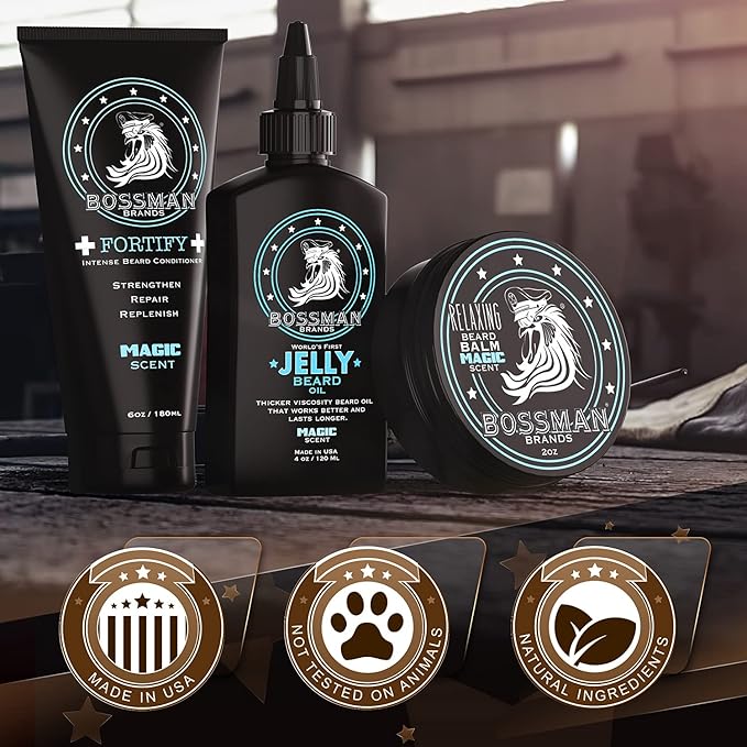 Bossman Essentials Beard Kit for Men, Set of 3 - Beard Oil Jelly, Fortifying Conditioner Cream, Beard Balm - Grooming Growth Care Accessories (Magic)