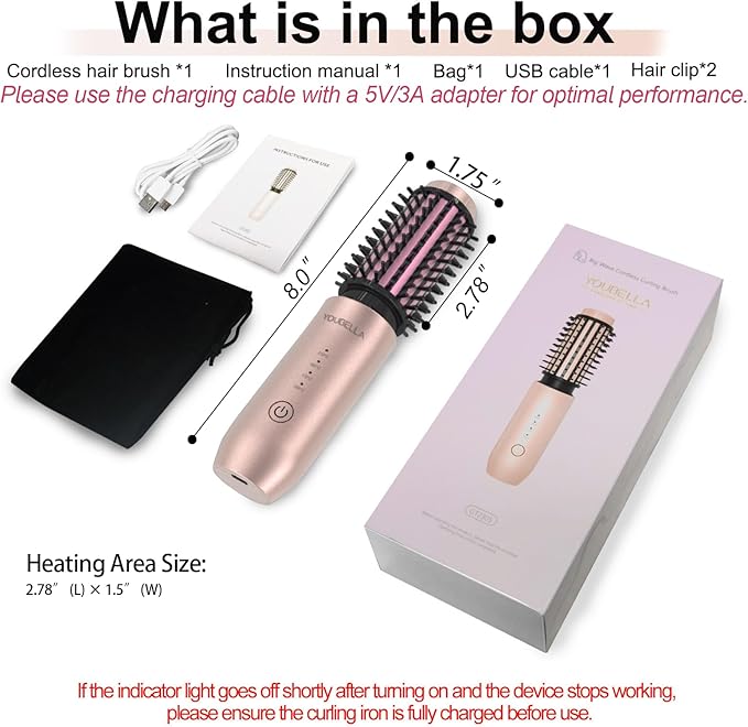 Cordless Hair Curling Iron Brush, Mini Travel Hot Straightener Comb, 3-in-1 Portable Wave Curling Wand, 1.5″ Ionic Heated Brush, USB Rechargeable Hair Curler, Pink – No Automatic Rotation