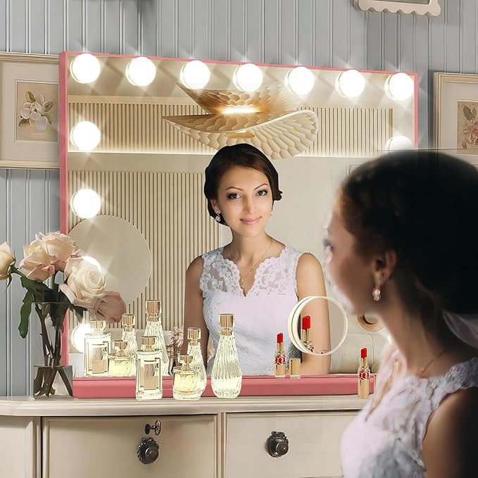 Pink Hollywood Vanity Mirror with Lights, 15 Dimmable Bulbs, 3 Color Lights,Make Up Lighted Mirror, Aluminum Metal Frame, USB Charging Port（23" x 18"）
