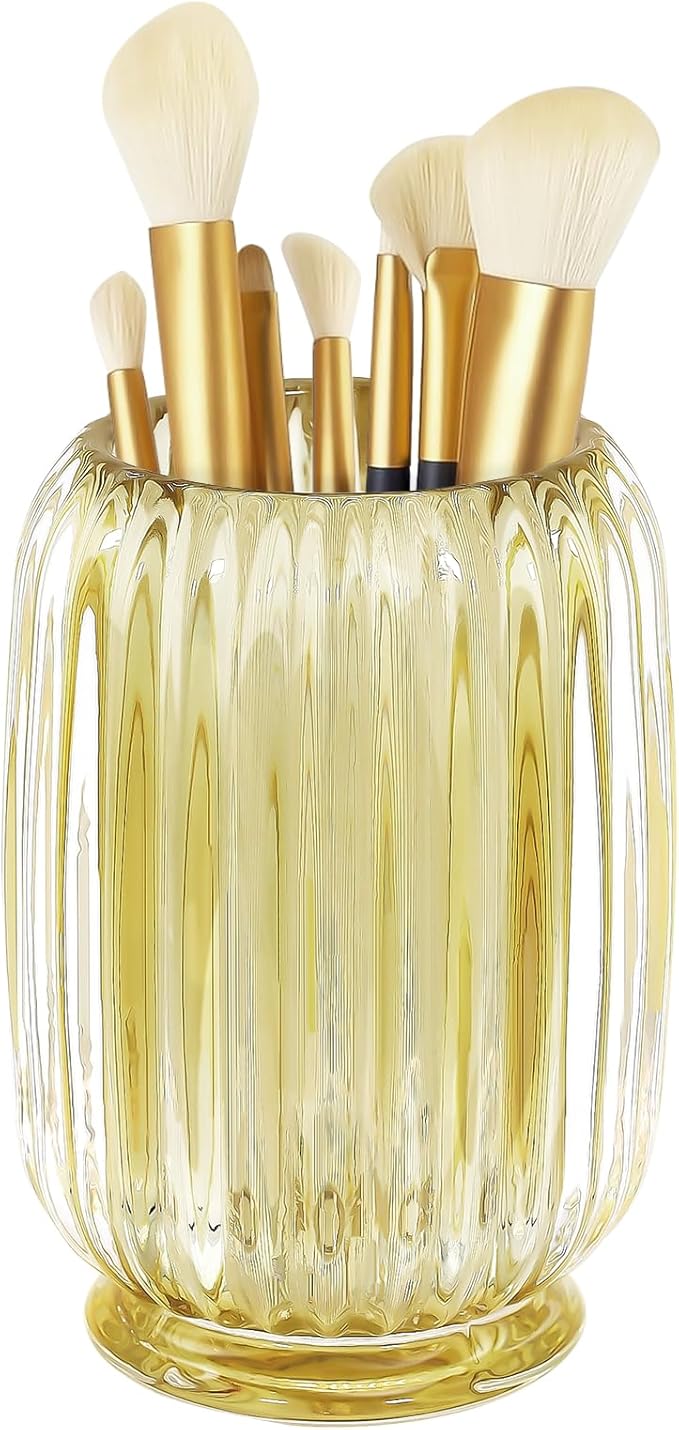 Makeup Brush Holder, Thick Glass Makeup Brush Organizer Cup, 4.8" Tall for Vanity Hair Brush Holder Brushes Storage, Makeup Brush Holder Organizer organizador de brochas de maquillaje Crystal Amber