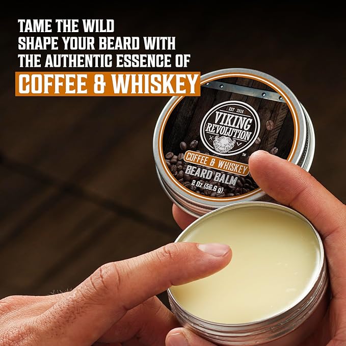 Viking Revolution Coffee and Whiskey Beard Balm for Men (2oz) and Beard Oil (1 fl oz) Kit - With Argan and Jojoba Oils - Soften and Moisturize - Stocking Stuffers for Men