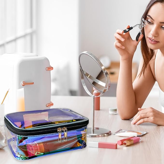 TPU Holographic Pink Makeup Bags Clear Travel Storage Bag Toiletry Pocket Portable Zippered Iridescent Pouch Waterproof Cosmetic Gift Bags for Women