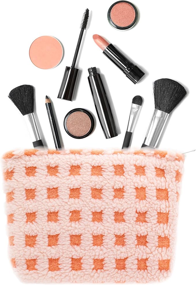 Makeup Bags for Purse Zipper Cosmetic Pouch Large Travel Make Up Organizer Tool Pouch for Women and Girls,Fleece Pink