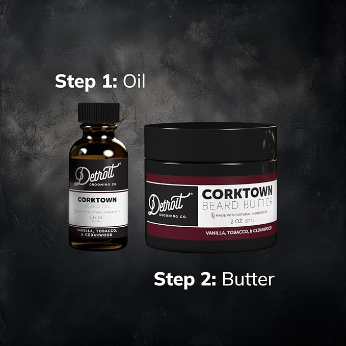 Detroit Grooming Co. Beard Oil & Beard Butter Bundle – Corktown (Vanilla, Tobacco & Cedarwood Scent) – Beard Hydration Set with Vitamin E & Sunflower Oil