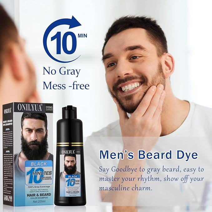 Men's 3 in 1 Black Beard Dye Shampoo, Simpler Color for Men's Beard & Mustaches, Long Lasting Gray Reducing 200 ml