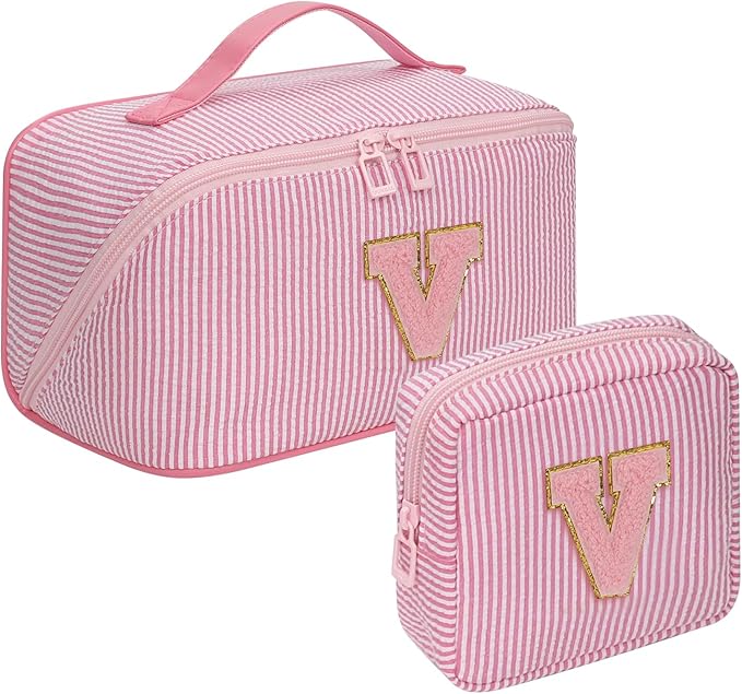 Travel Makeup Bag for Women, 2Pcs Portable Personalized Initial Makeup Organizer Bag, Open Flat Large Cosmetic Bag With Travel Essential Pouch (Pink Letter V)