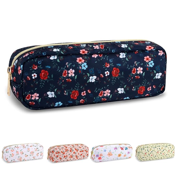 Waterproof Small Floral Pencil Case Makeup Bag for Purse,Cute Flower Pencil Pouch Preppy Nylon Makeup Brush Holder with Zipper,Girls Portable Storage Case Pen Bag for Work(Slim Black-Flowers)