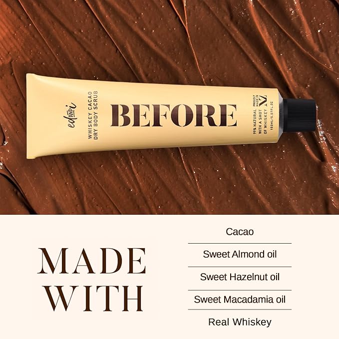 BEFORE Whiskey Cacao Body Scrub, Dry Skin Exfoliator with Nourishing Oils, Gently Removes Dead Skin, Softens & Smooths, 5.07 oz