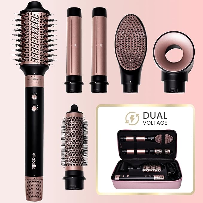 ELLA BELLA® 6 in 1 Professional Hot Air Styler Dual Voltage • Powerful Hair Dryer & Straightener Set • Styling Without Heat Damage • Fast Drying Curling Volumizing Straightening • with Travel Case