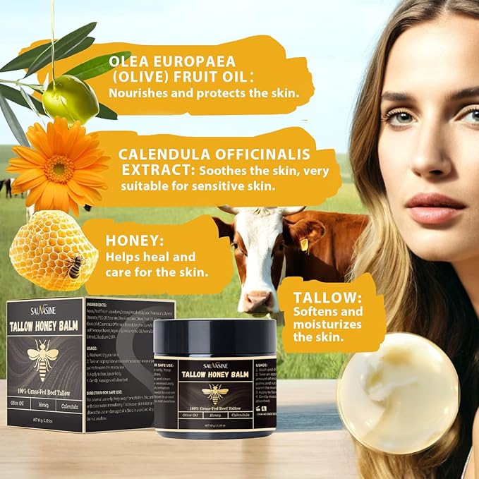 Organic Tallow Honey Balm for Nourishing Face and Body Cream,100% Grass-Fed Beef Tallow Body Butter For Dry Skin Moisturizing With Olive Oil,Honey,Calendula For Sensitive Skin Repair -60G(2.16Oz)