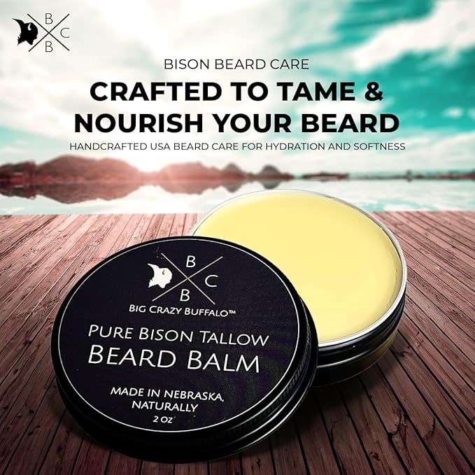 BUFF BAR Pure Bison Tallow Beard Balm - Jojoba Oil, Shea Butter, Beeswax, Clove Essential Oil, Leave in Conditioner, Condition, Strengthen, Nourish, Moisturize, Soften, and All Natural