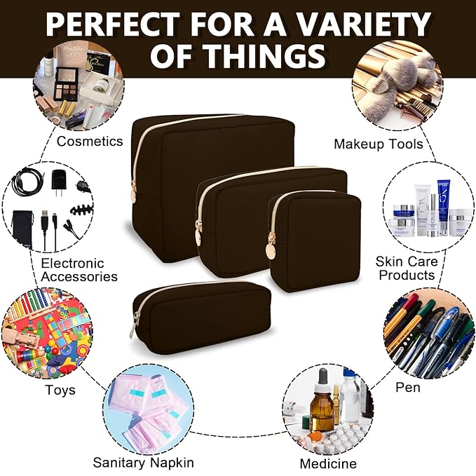 Small Pencil Case Makeup Bag for Purse, Cute Pencil Pouch Preppy Nylon Makeup Brush Bag with Zipper , Girls Portable Stationery Storage Case Small Pen Bag for Office School College(Slim-Chocolate)