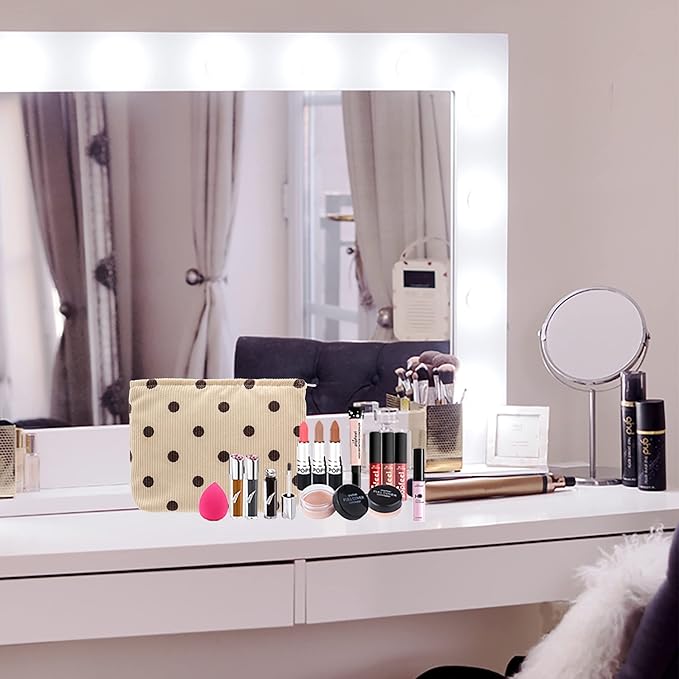 PAZIMIIK Makeup Bag Large Zipper Corduroy Make Up Pouch for Purse Travel Canvas Cosmetic Organizer for Women Brush Storage,Polka Dot Beige