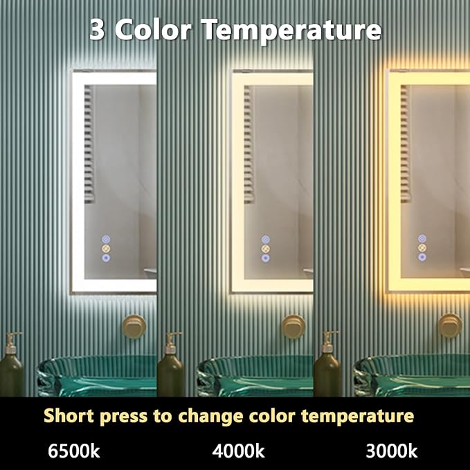 20"x 28" LED Bathroom Mirror, 3 Colors Vanity Mirror with Lights, Front and Backlit Bathroom Mirror with Lights, LED Smart Mirror for Bathroom, Tempered Glass, Anti-Fog, Stepless Dimmable, Memory