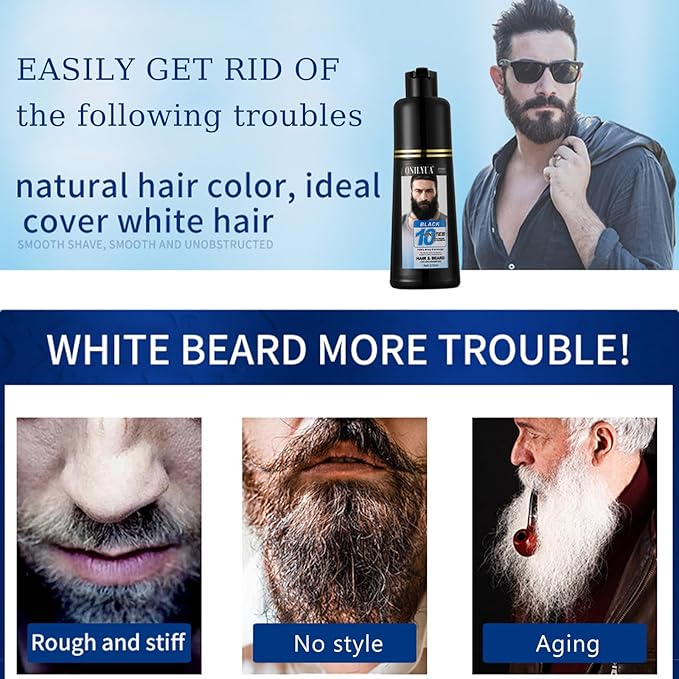 Men's 3 in 1 Black Beard Dye Shampoo, Simpler Color for Men's Beard & Mustaches, Long Lasting Gray Reducing 200 ml