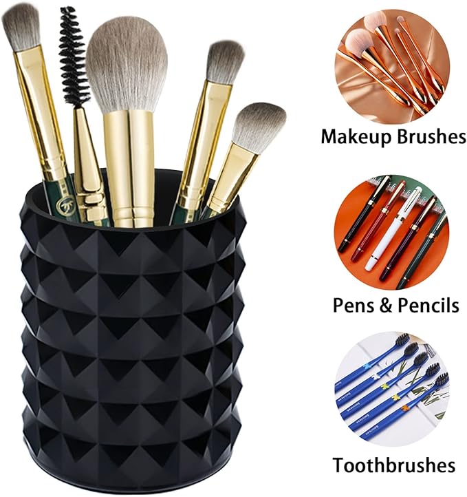 Acrylic Makeup Brush Holder Organizer, Black Pencil Pen Holder, Crystal Cosmetics Brushes Cup Storage Solution, Round