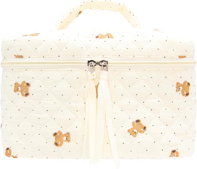 PAZIMIIK Quilted Makeup Bag Large Travel Zipper Soft Cosmetic Case for Women Girls Make Up,Gauze Bear