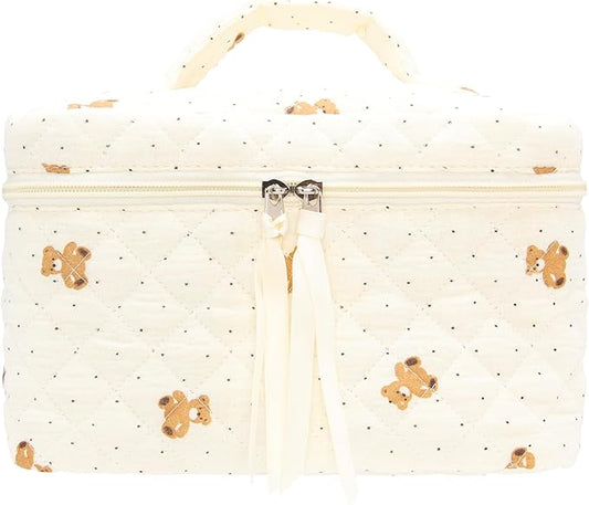PAZIMIIK Quilted Makeup Bag Large Travel Zipper Soft Cosmetic Case for Women Girls Make Up,Gauze Bear
