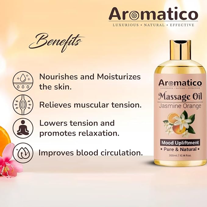 Massage Oil with Jasmine & Orange Essential Oils – Infused with Sesame, Almond & Jojoba Oils – Full Body Massage Oil for Relaxation – for Men & Women – 10 Fl Oz