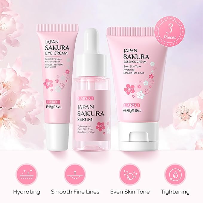 Skin Care Set JAPAN SAKURA Women Beauty Gift Sets Skin Care Kit with Serum, Eye Cream, Face Cream Travel Kit for Women Wife Mom Teen Girls TSA-friendly Sizes Birthday Gift 3pcs