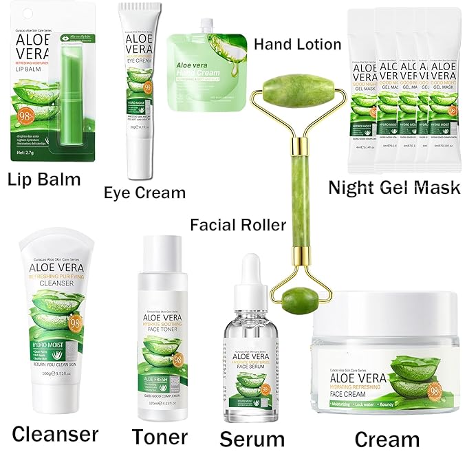 13Pcs Skin Care Products Set, Aloe Vera Skin Care Sets, Skin Care Gift Set for Women Girls, Skincare Routine Set, Face Care Kit for Dry Skin, Hydrating Moisturizer, Cleanser, Face Massage Roller