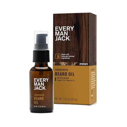 Every Man Jack Men's Beard Oil - Sandalwood Fragrance - Deeply Moisturizes and Softens Your Beard and Adds a Natural Shine - Naturally Derived with Shea Butter and Argan Oil - 1 fl oz