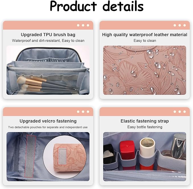 BOYATU Travel Makeup Bags Cosmetic Organizer Bag: 3-Set Large Capacity Make up Bag - PU Leather Toiletry Bags for Women - Wide Open Portable Pouch with Divider & Handle (01-Z-Pink)