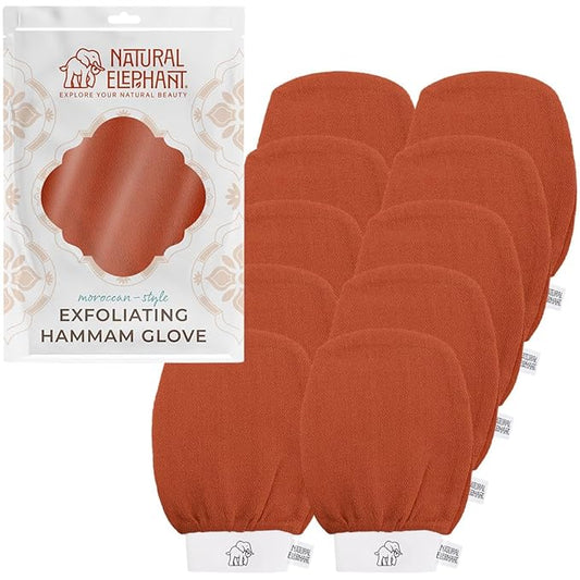 Natural Elephant Exfoliating Hammam Glove - Face and Body Exfoliator Mitt 5 and 10 Packs (Burnt Orange (Pack of 10))