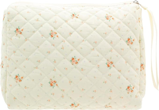 PAZIMIIK Quilted Makeup Bag Large Travel Zipper Soft Cosmetic Pouch for Women Girls Make Up,Floral White