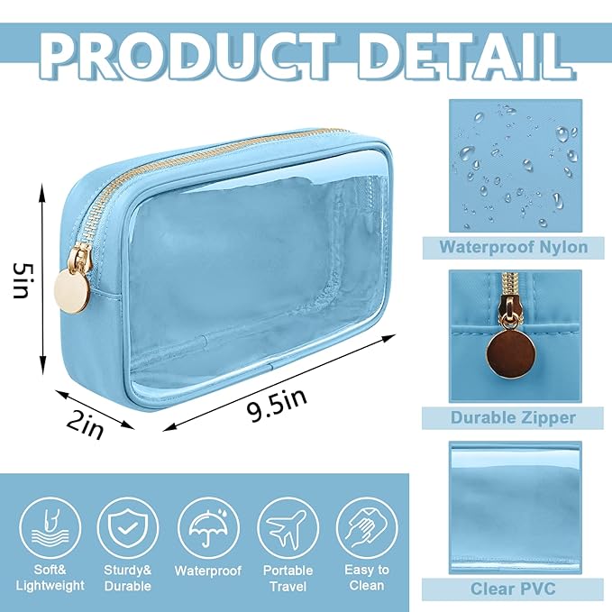 Clear Small Makeup Bag with Zipper, Nylon&PVC Cosmetic Travel Bag Preppy TSA Approved Toiletry Bag for Women Girls, Transparent Waterproof Makeup Pouches Cute Travel Bag for Purse(Small-Blue)