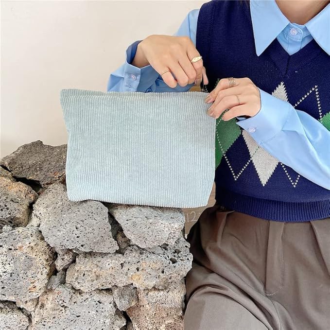 PAZIMIIK Makeup Bag Large Zipper Corduroy Make Up Pouch for Purse Travel Canvas Cosmetic Organizer for Women Brush Storage,Blue