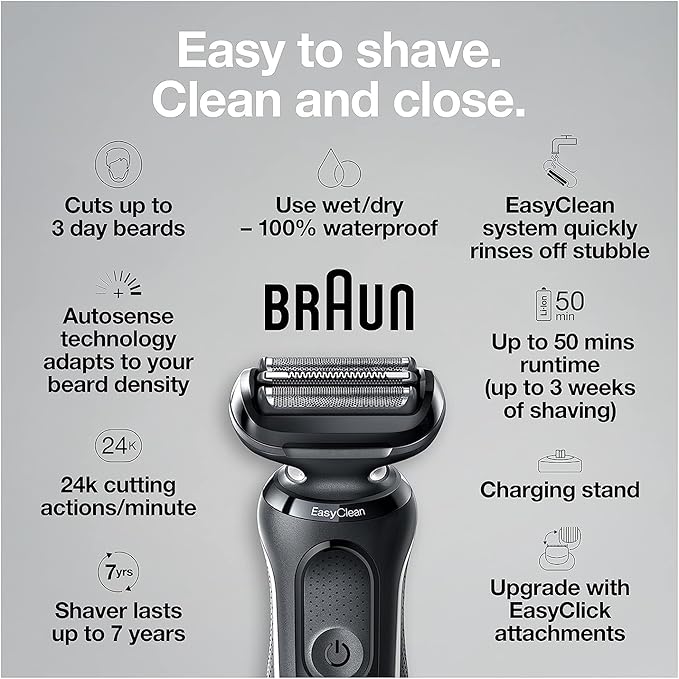 Braun Electric Razor for Men, Waterproof Foil Shaver, Series 5 5050cs, Wet & Dry Shave, with Beard Trimmer and Body Groomer, Rechargeable, Charging Stand Included, Blue