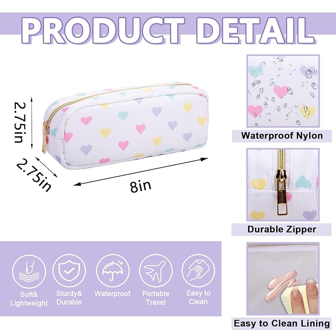 Small Pencil Case Makeup Bag for Purse, Cute Pencil Pouch Nylon Preppy Makeup Brush Bag with Zipper, Girls Portable Stationery Storage Case for Office School College(Slim-White Heart)