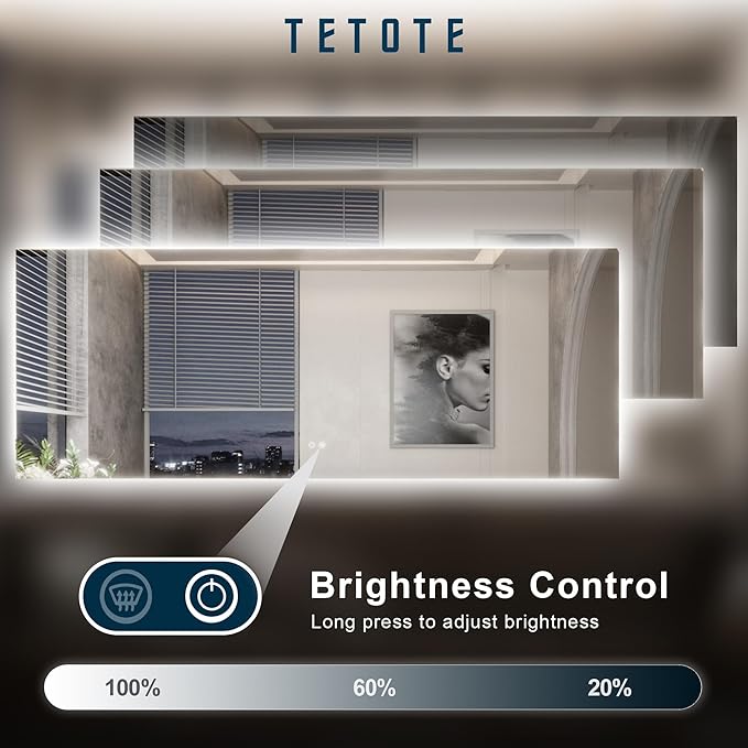 TETOTE 40 x 28 Inch LED Mirror Backlit Bathroom,Anti-Fog Mirror with Light,Dimmable,CRI90+,IP54 Water Proof,Wall Mounted Vanity Lighted,Horizontal/Vertical