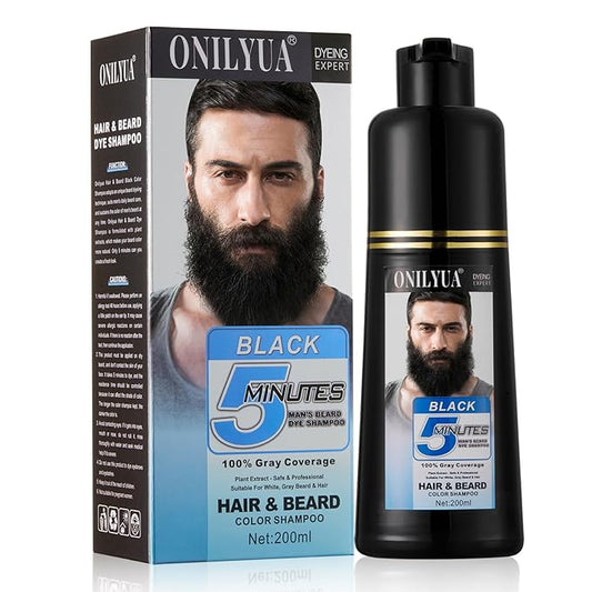 Men's Beard Dye for Men in 5 Minutes, Black Beard Dye Shampoo for Mustache 100% Gray Coverage, Root Touch Up, 3 in 1 Simpler Hair Color for Men, Long Lasting Black Dye Shampoo for Facial Hair, 200 ml